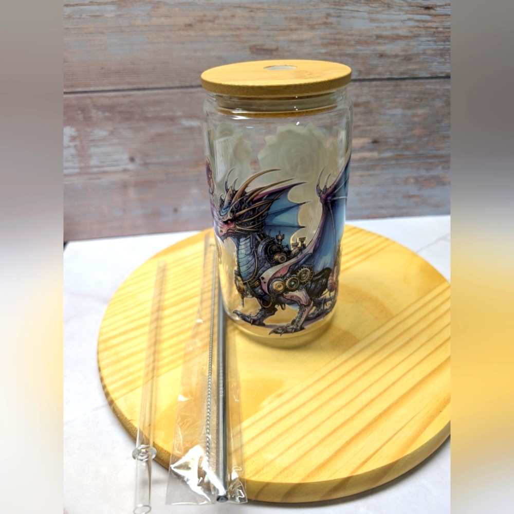 16 oz. Clear glass tumbler with gear dragon with flower design